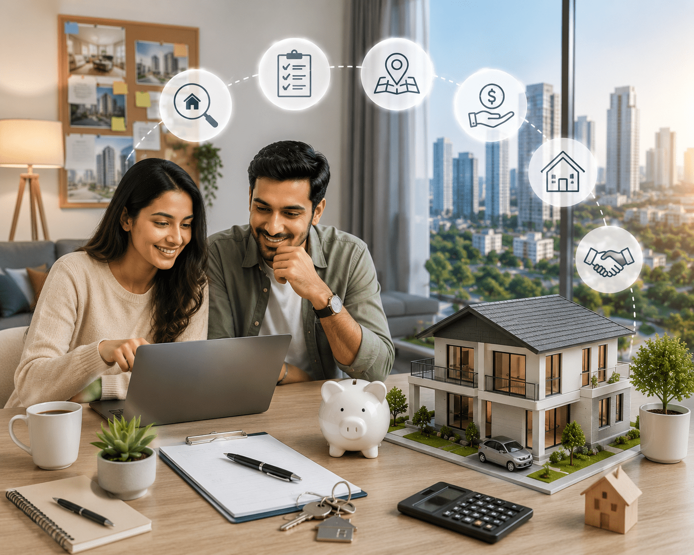 "First-time homebuyers reviewing property documents and home loan options while planning the purchase of their new home with a real estate consultant."