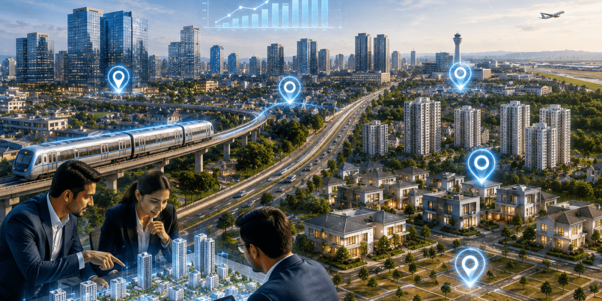 Bangalore city skyline featuring modern residential towers, commercial buildings, metro infrastructure, and growing real estate investment corridors in 2026