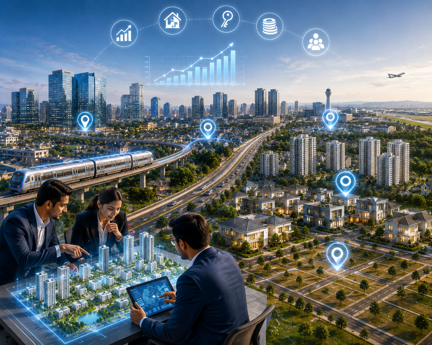 Bangalore city skyline featuring modern residential towers, commercial buildings, metro infrastructure, and growing real estate investment corridors in 2026
