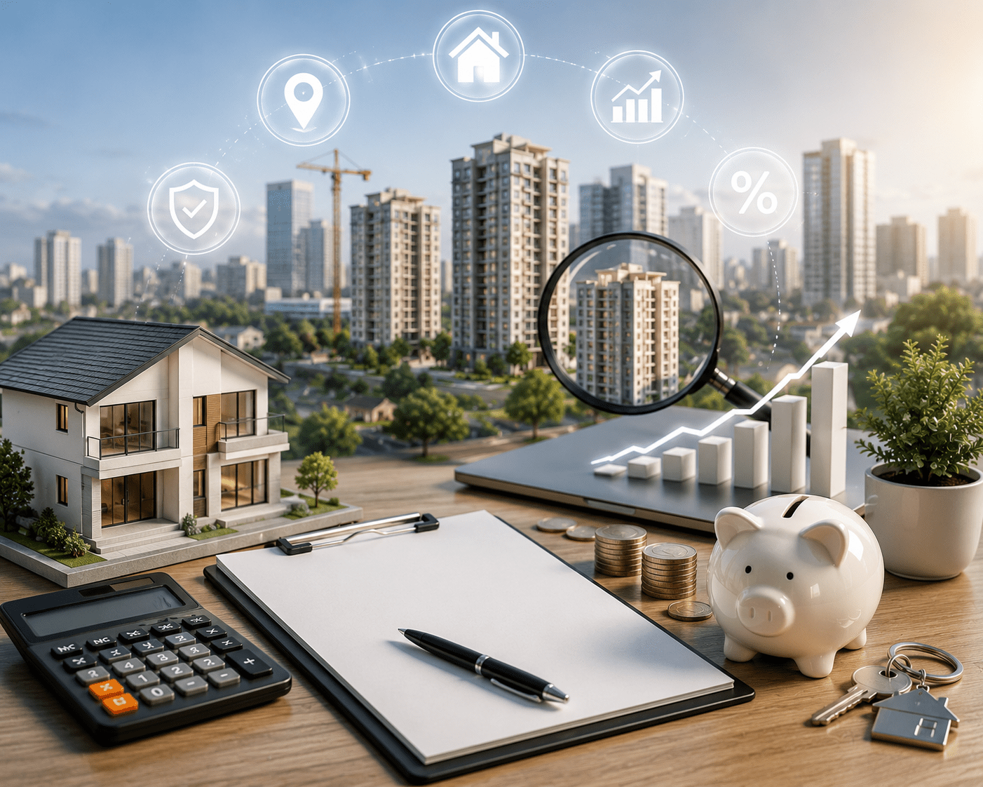 "Young couple planning their home-buying budget with financial documents, calculator, home loan information, and property listings on a modern workspace."