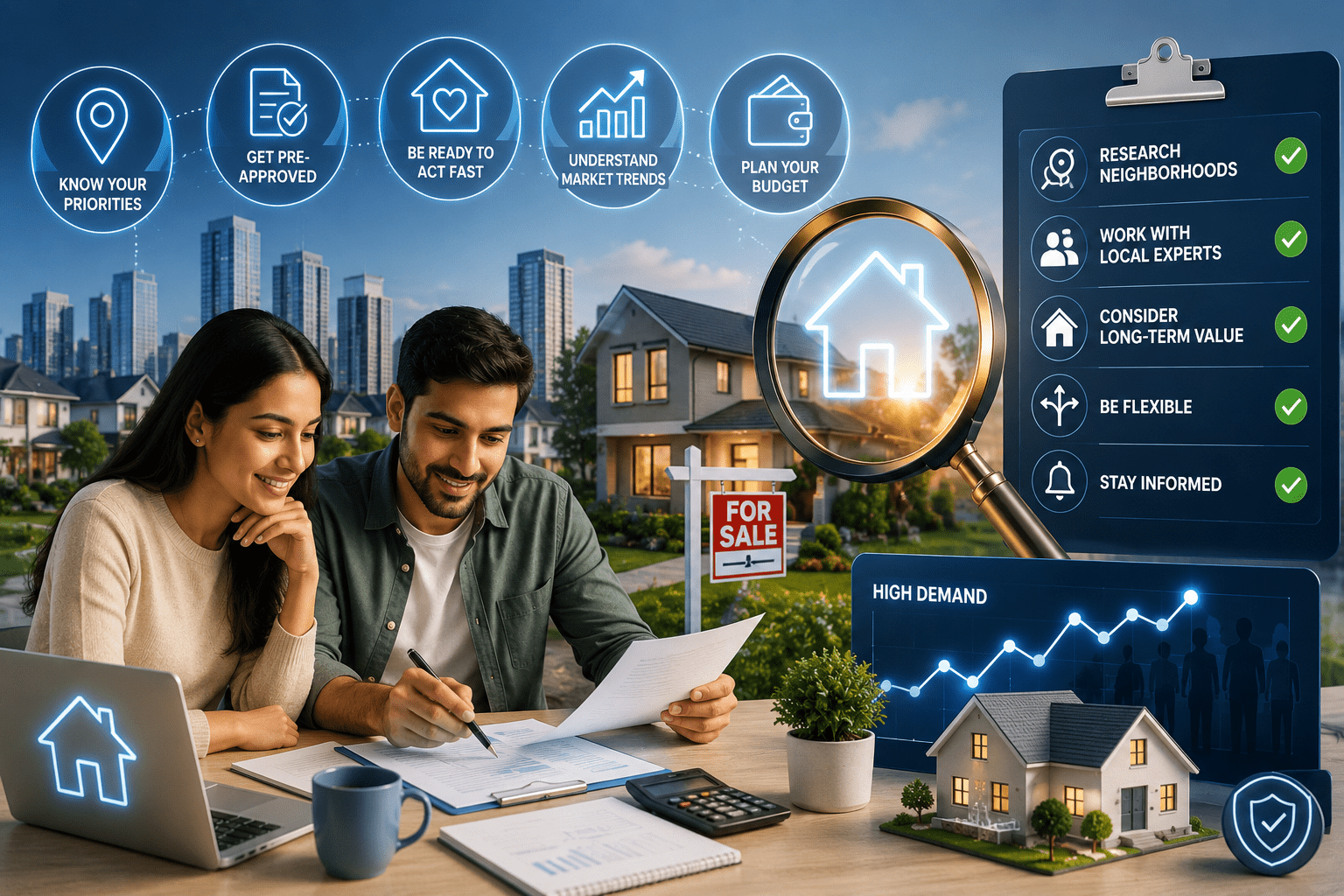 Homebuyer reviewing property listings with a real estate consultant, exploring housing options and financing plans in a competitive real estate market