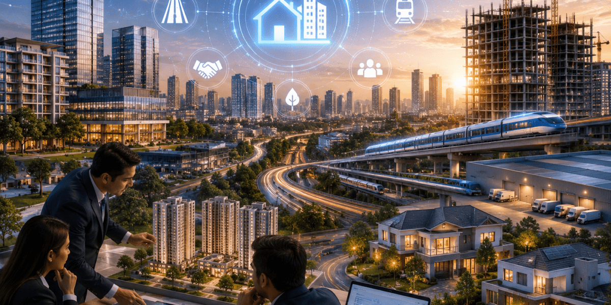 Modern Indian city skyline with infrastructure projects, residential developments, commercial buildings, and smart urban growth representing the impact of Budget 2026 on the real estate industry.