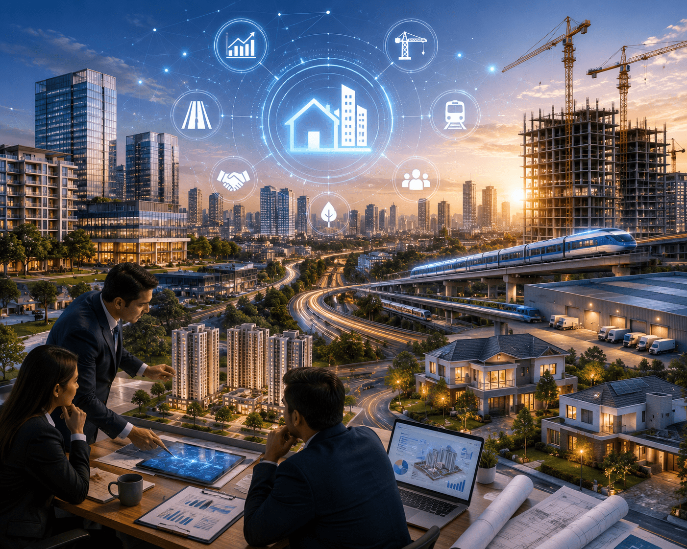 Modern Indian city skyline with infrastructure projects, residential developments, commercial buildings, and smart urban growth representing the impact of Budget 2026 on the real estate industry.