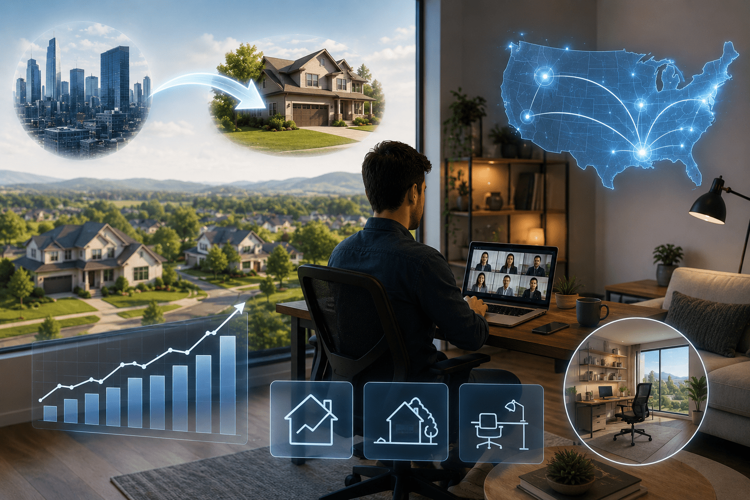 Modern professional working remotely from a home office, showcasing how remote work is influencing residential real estate trends, home design, and property demand.