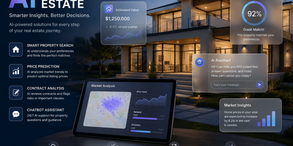 A modern luxury house at dusk is displayed with futuristic AI-powered real estate interfaces overlaid across the scene.