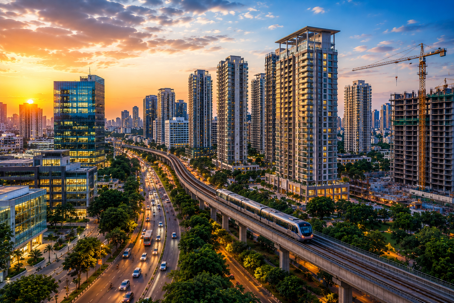 Modern city skyline with high-rise residential and commercial buildings, elevated metro rail, busy urban roads, and ongoing construction projects, representing economic growth, infrastructure development, and rising real estate demand in a rapidly expanding metropolitan area.