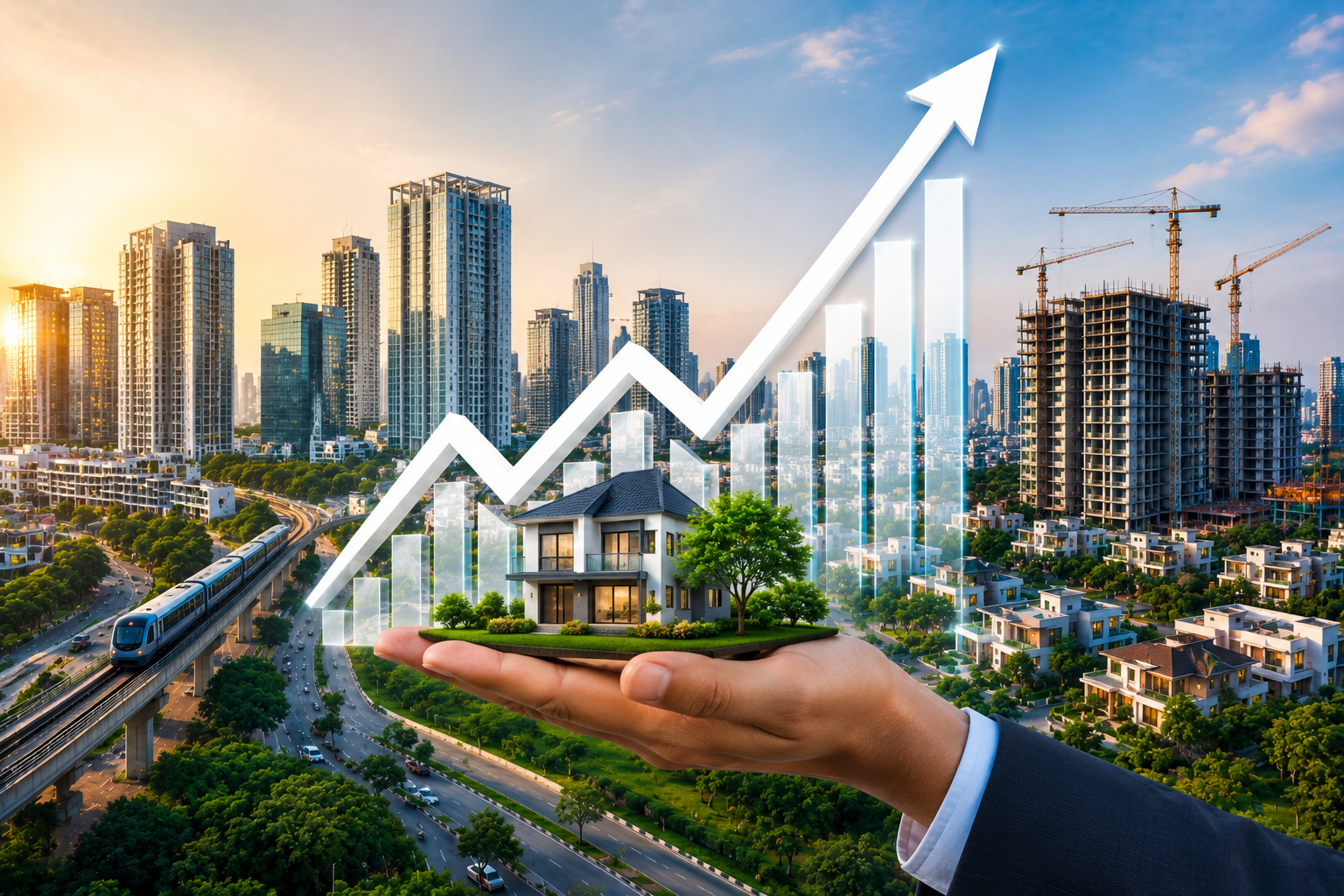 Modern Bengaluru cityscape featuring high-rise residential towers, metro connectivity, expanding infrastructure, luxury homes, and ongoing construction projects with an upward growth trend, symbolizing the factors driving Bengaluru’s real estate boom and urban development.