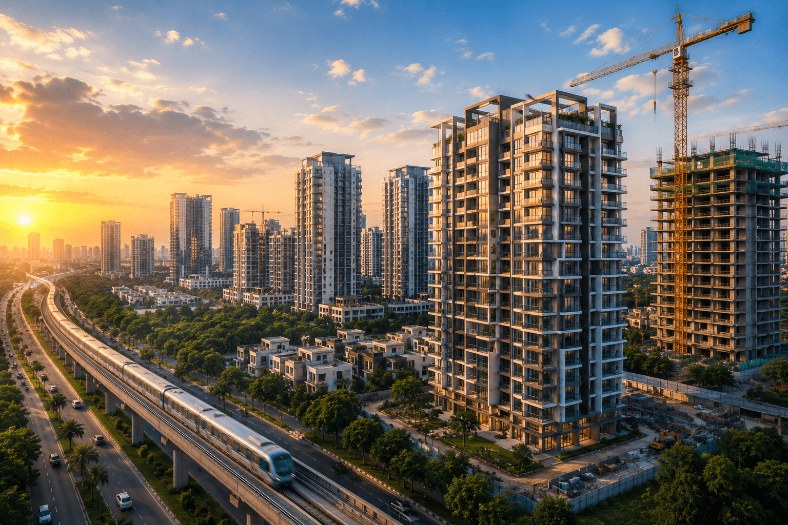 Modern urban skyline featuring newly developed residential towers, ongoing construction projects, elevated metro connectivity, landscaped neighborhoods, and expanding infrastructure, representing the impact of new developments on local real estate markets and urban growth.