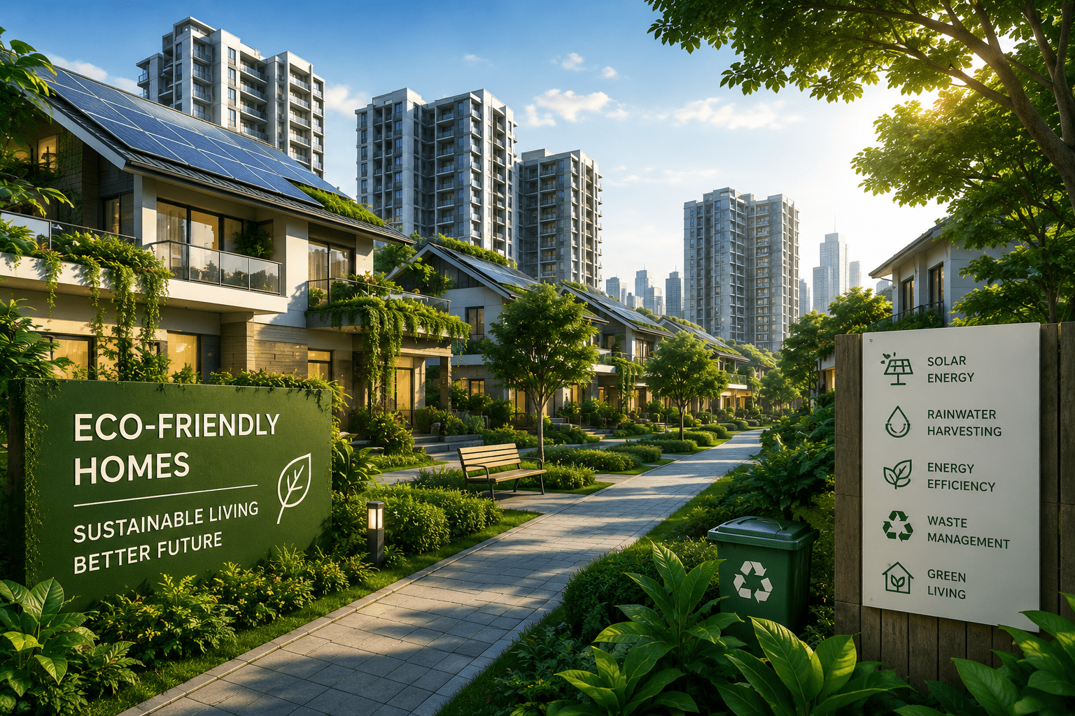 Modern eco-friendly residential community featuring sustainable homes with solar panels, lush green landscaping, energy-efficient architecture, and environmentally conscious urban development promoting green living and sustainable real estate.