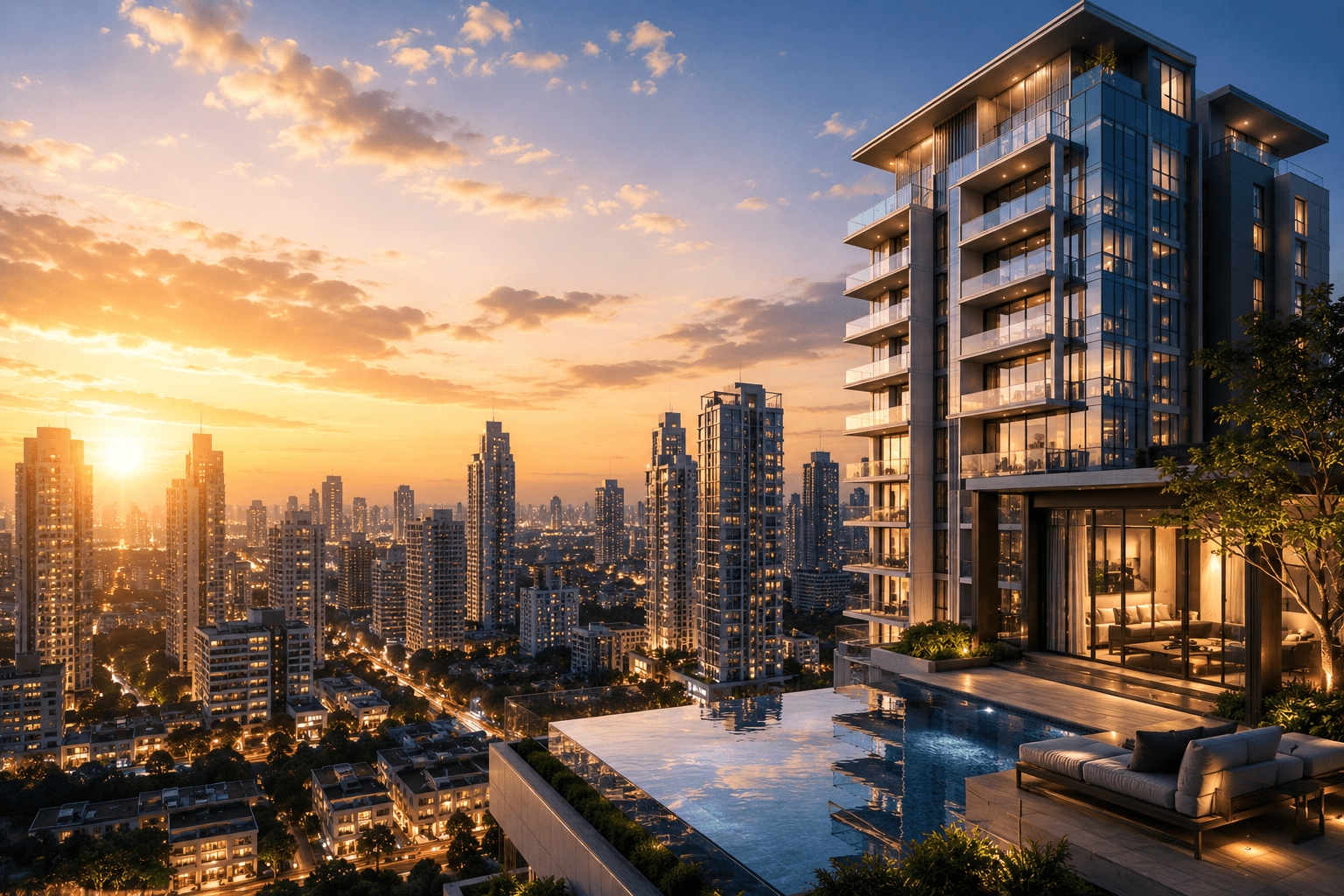 Luxury residential high-rise apartment overlooking a modern city skyline at sunset, showcasing premium urban living, upscale real estate development, and the growing demand for luxury housing in India's metropolitan cities.