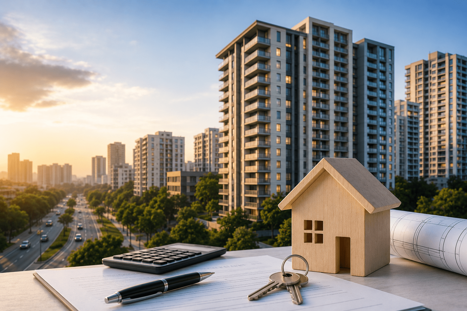 Modern residential apartment buildings in Bangalore with a wooden house model, property documents, calculator, and keys in the foreground, representing smart property buying, real estate investment planning, and homeownership decisions in 2026