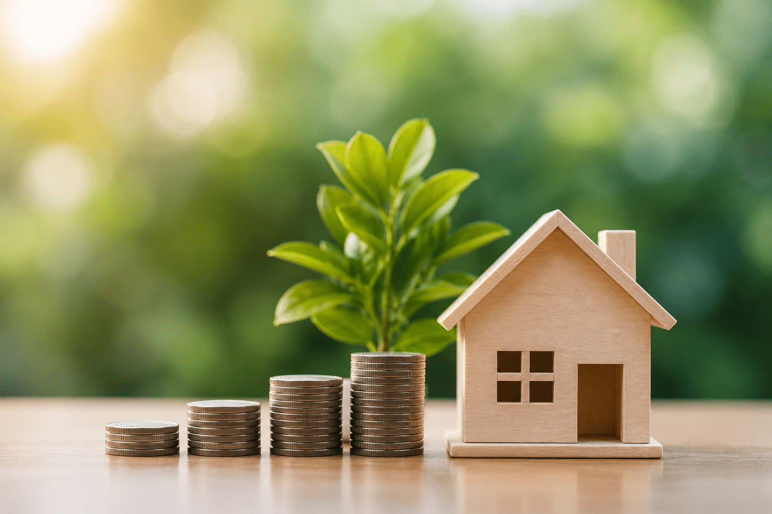 Wooden house model beside neatly stacked coins and a green plant, symbolizing residential property investment, wealth growth, financial stability, and long-term returns for working professionals