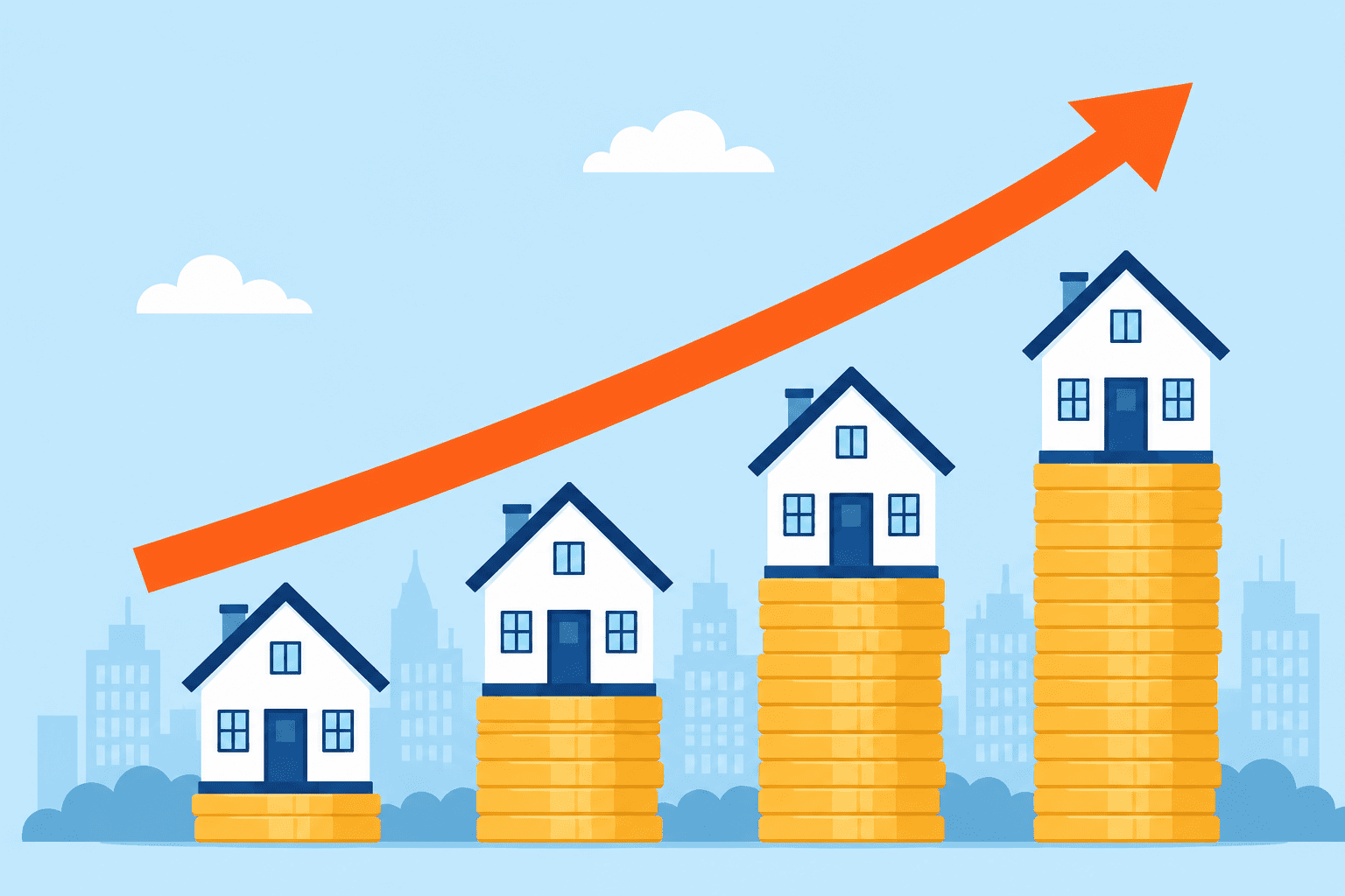 **Alt Text:** *Illustration of residential houses placed on increasing stacks of coins with an upward arrow, representing rising property prices, declining housing affordability, and the growing challenge of affordable housing in India's major cities.*