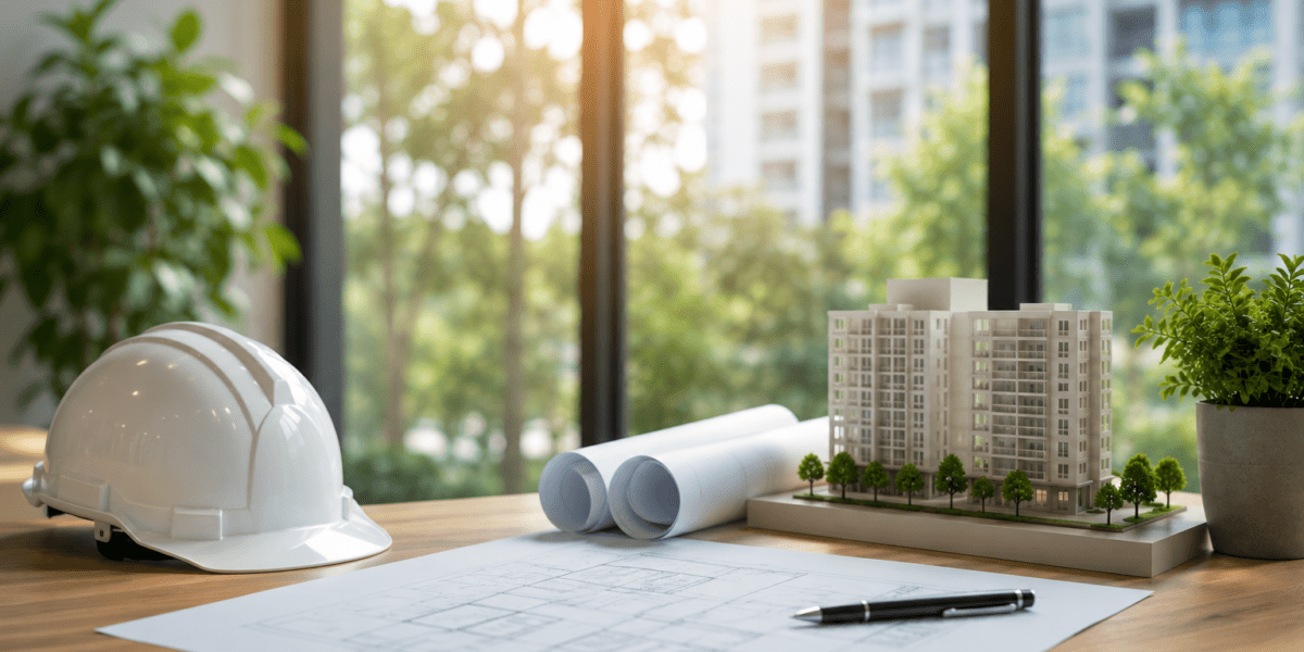Modern real estate planning workspace with architectural blueprints, a white safety helmet, a scale model of a residential apartment building, and indoor plants placed on a wooden desk, with a blurred green cityscape visible through large windows in the background