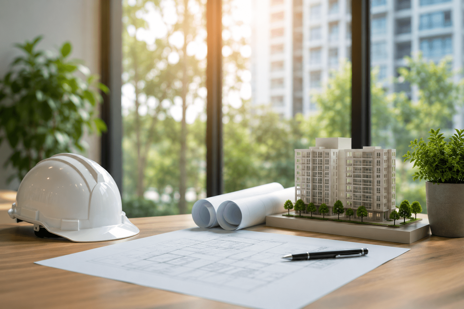 Modern real estate planning workspace with architectural blueprints, a white safety helmet, a scale model of a residential apartment building, and indoor plants placed on a wooden desk, with a blurred green cityscape visible through large windows in the background