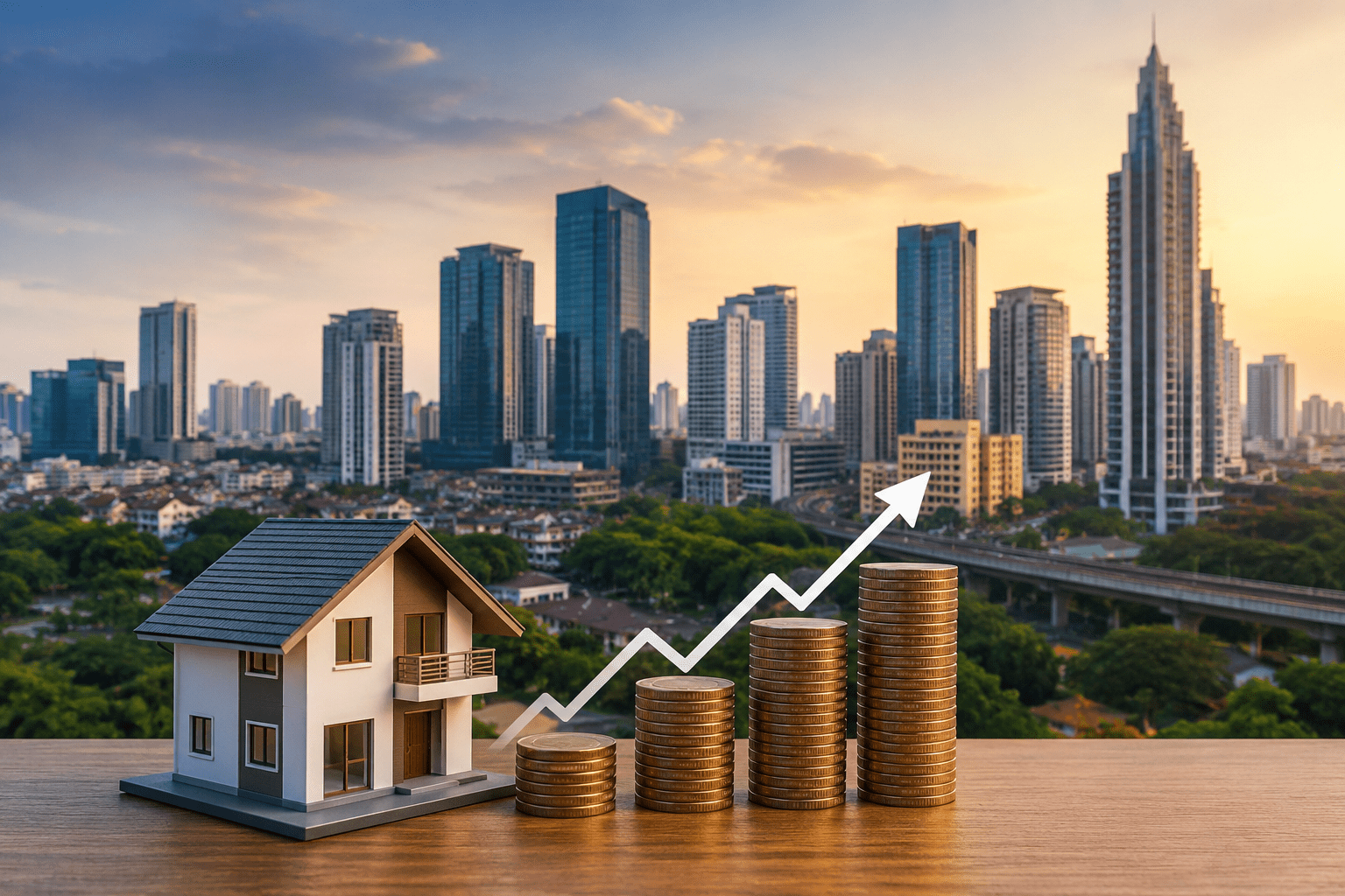 Modern Bangalore skyline with residential buildings, a model house, stacked coins, and an upward growth arrow symbolizing real estate investment, property value appreciation, and long-term wealth creation