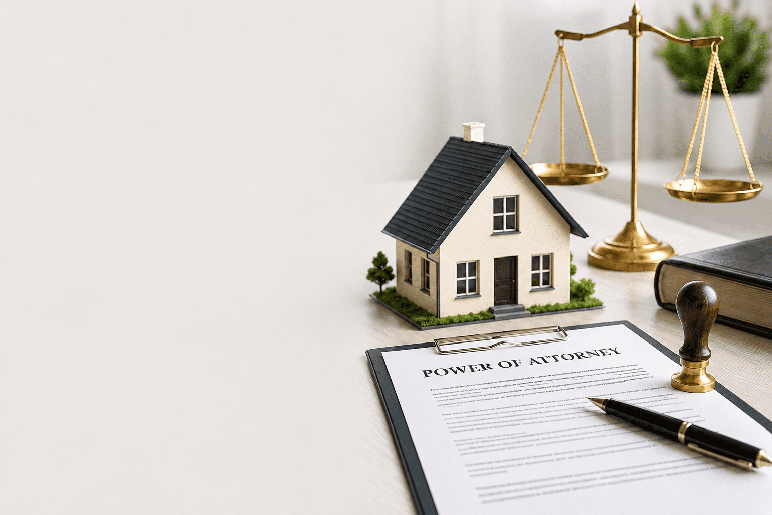 Power of Attorney document with a miniature house, legal scales, stamp, and pen on a desk, representing property authorization, legal documentation, and real estate management