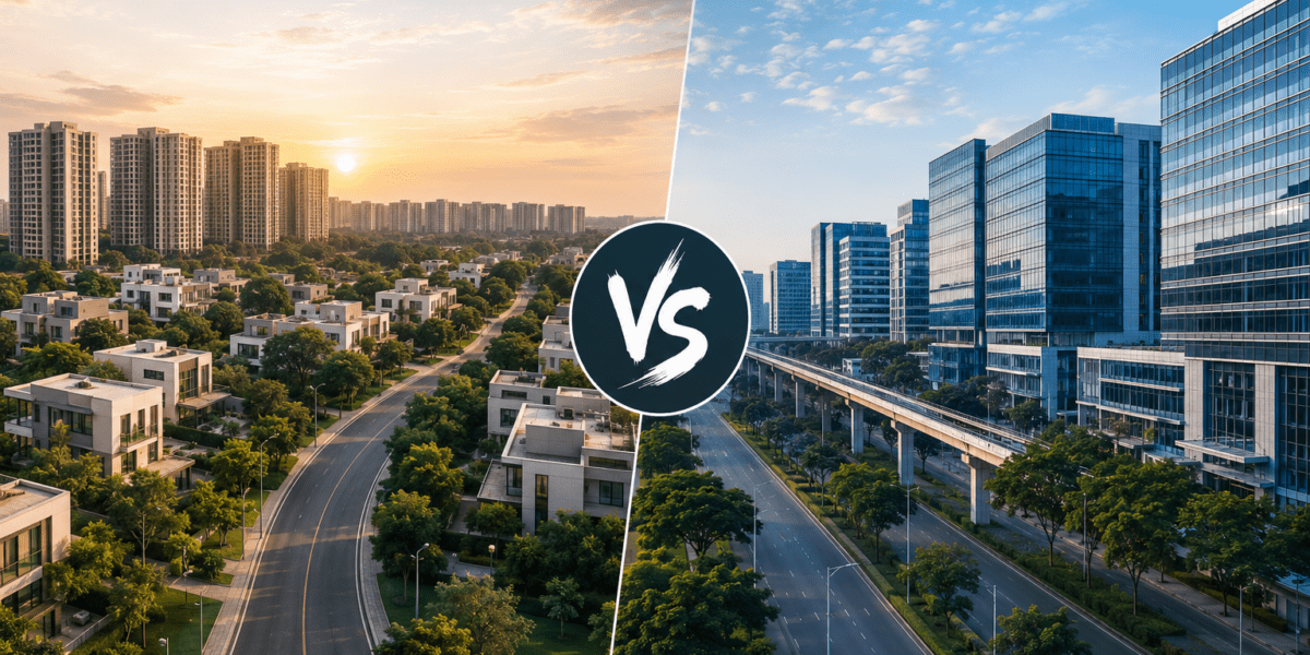 A split-screen comparison image showing two contrasting urban landscapes in Bangalore. The left side features a green residential neighborhood with modern apartment towers, villas, and tree-lined roads under a warm sunset sky, representing Sarjapur. The right side showcases a modern business district with glass office buildings, wide roads, and metro connectivity under a bright blue sky, representing Whitefield. A circular “VS” symbol is placed in the center, highlighting the comparison between the two locations.