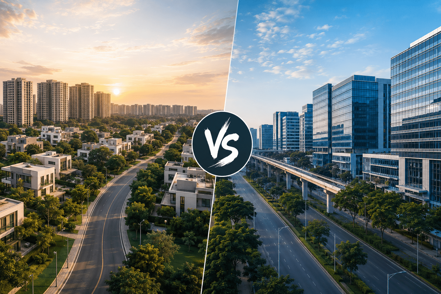 A split-screen comparison image showing two contrasting urban landscapes in Bangalore. The left side features a green residential neighborhood with modern apartment towers, villas, and tree-lined roads under a warm sunset sky, representing Sarjapur. The right side showcases a modern business district with glass office buildings, wide roads, and metro connectivity under a bright blue sky, representing Whitefield. A circular “VS” symbol is placed in the center, highlighting the comparison between the two locations.