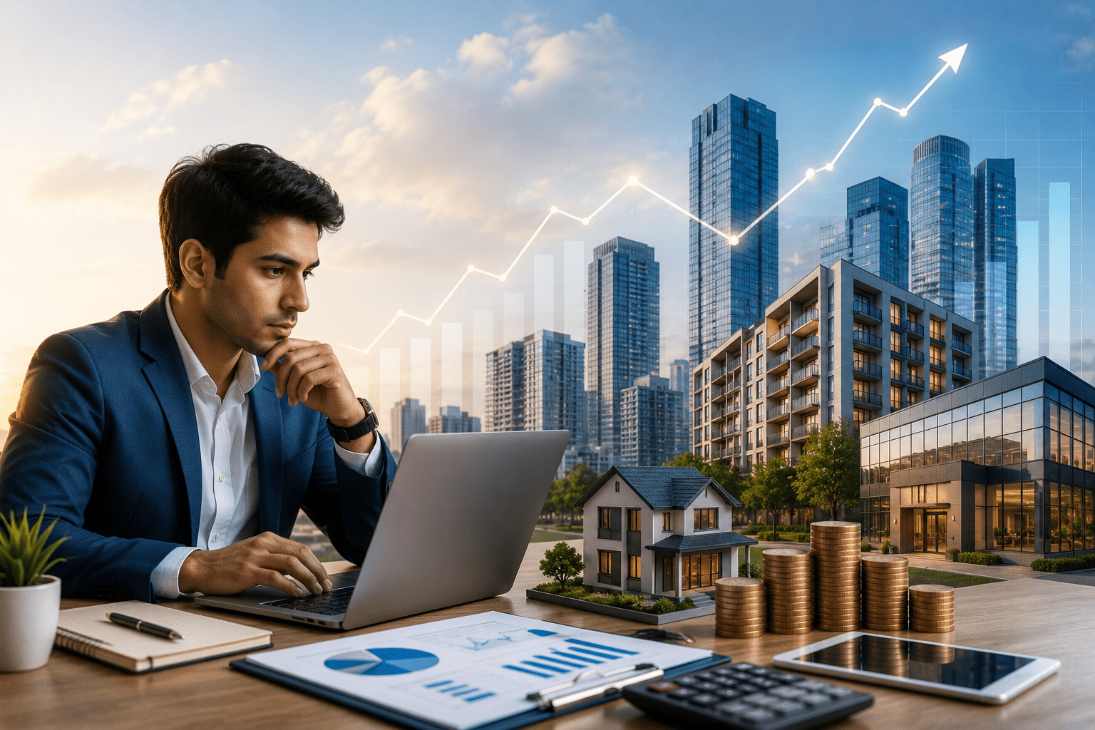 First-time real estate investor analyzing property investment opportunities with financial charts, residential towers, and commercial buildings representing smart real estate investment strategies in 2026.