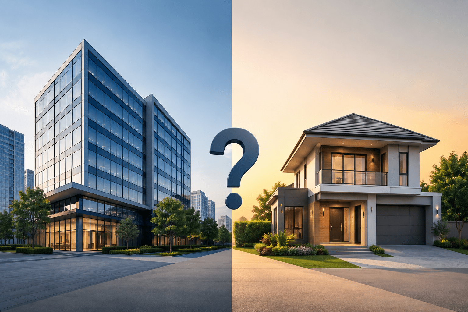 Commercial office building compared with a modern residential house for real estate investment.