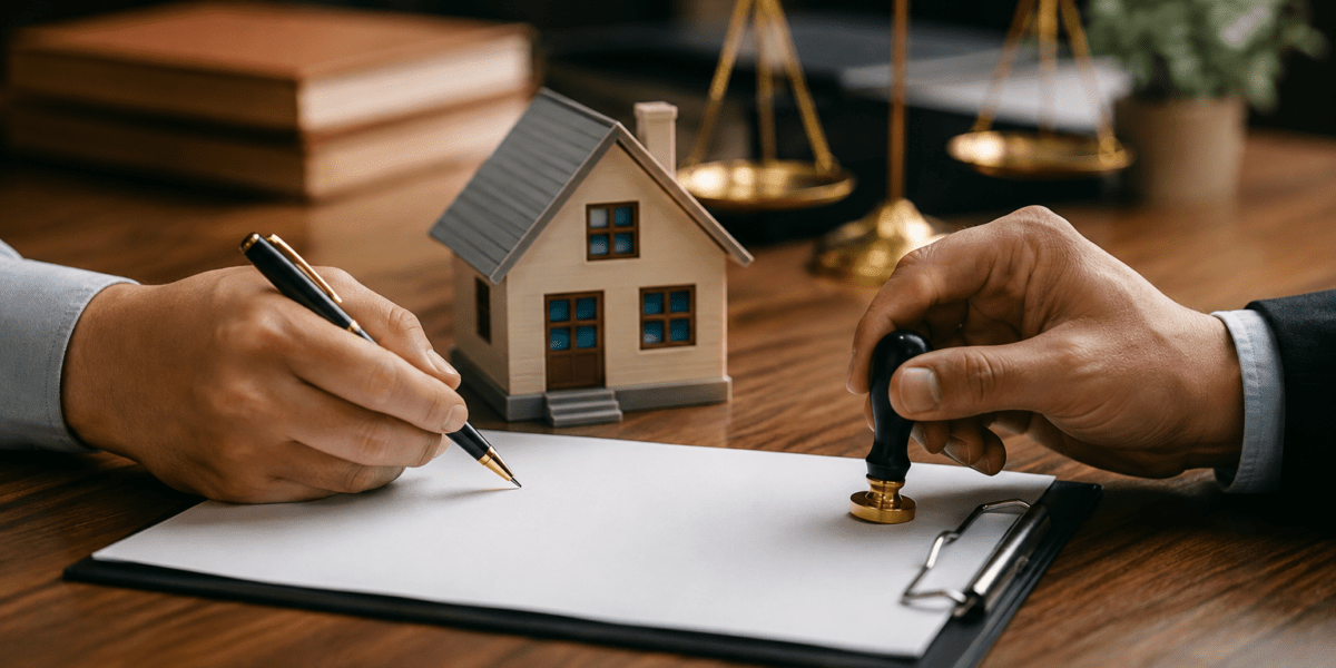 Real estate rectification deed being signed and stamped on a property document.