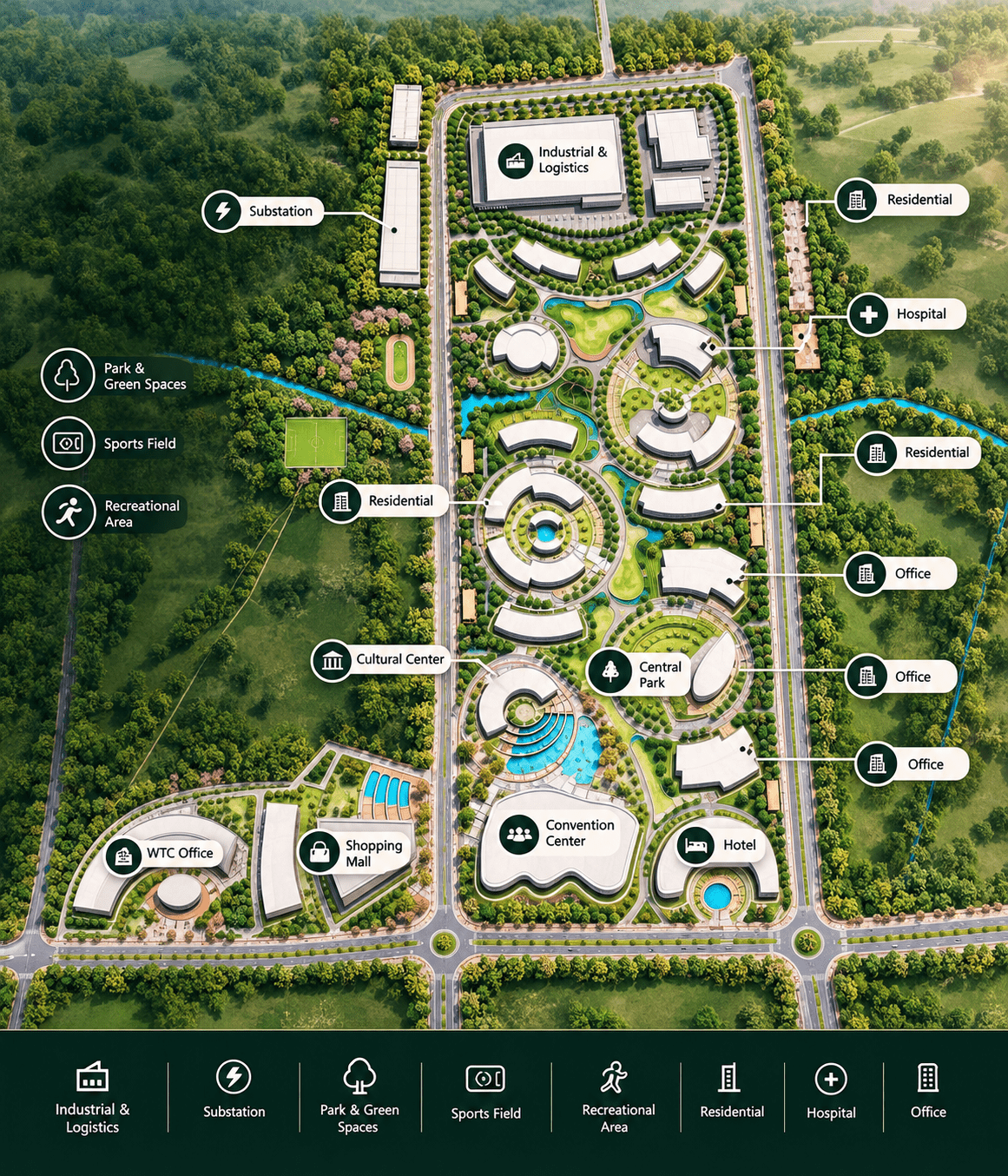 Brigade WTC Devanahalli master plan with residential towers, school, WTC, mall and green spaces