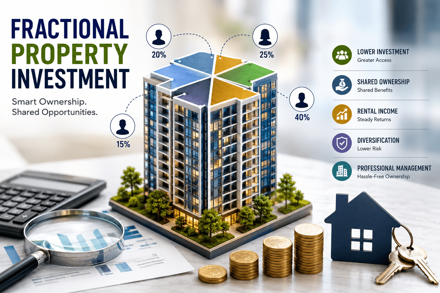 Fractional property investment concept showing a modern apartment building with shared ownership segments, investor participation, rental income opportunities, and real estate wealth-building strategies